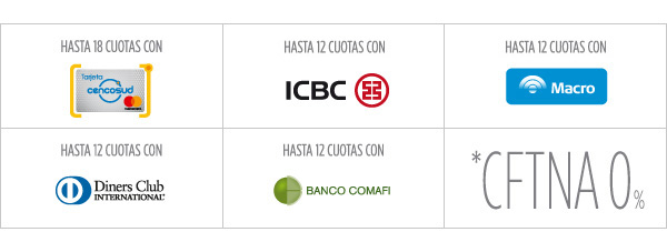 Hasta 18 cuotas sin interés con TARJETA CENCOSUD // Hasta 18 cuotas sin interés con MASTERCARD // Hasta 12 cuotas sin interés con ICBC, BANCO HIPOTECARIO, MACRO, DINERS CLUB, COMAFI, BANCO PATAGONIA -- CFTNA 0%