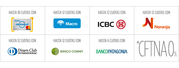 Hasta 18 cuotas sin interés con TARJETA CENCOSUD // Hasta 18 cuotas sin interés con MASTERCARD // Hasta 12 cuotas sin interés con ICBC, BANCO HIPOTECARIO, MACRO, DINERS CLUB, COMAFI, BANCO PATAGONIA -- CFTNA 0%